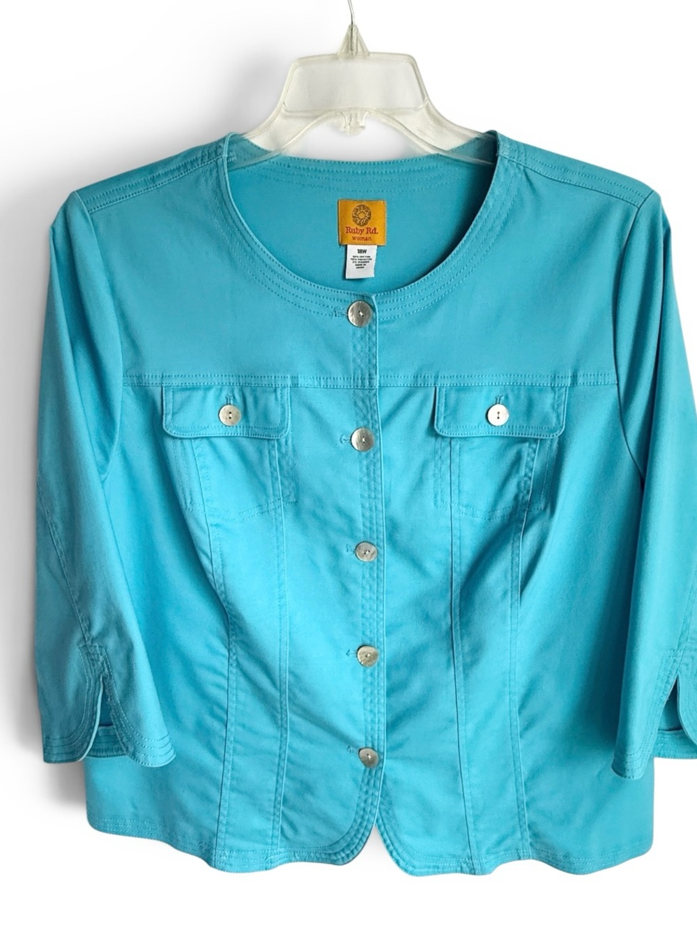 Ruby Rd. 18W Turquoise Button-Front Jean Jacket - Picture 7 of 13